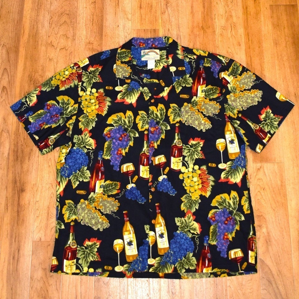 Vintage Paradise Found Hawaiian‎ Shirt Mens XL Wine Grapes Bottles Aloha Casual